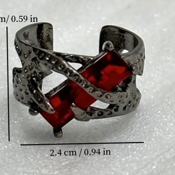 Ring Black Goth Wrap Red Crystal Black Zirconia Stone Rhinestones Silver Goth - Picture 5 of 6